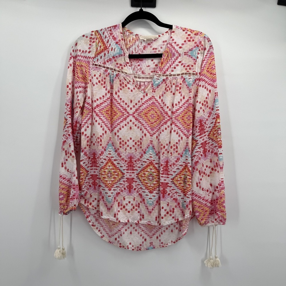 Lovestitch Shirt Womens Small Pink Boho Rayon Tassel Sleeve Tunic Top Blouse